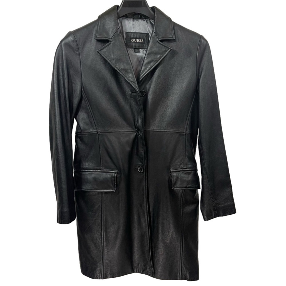 VINTAGE Guess Genuine Black Leather 3 Button Coat Size Medium